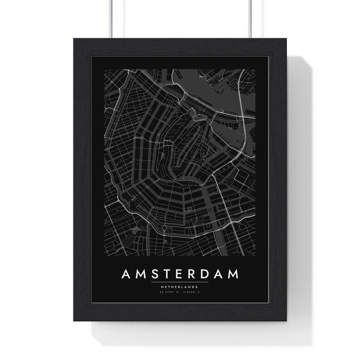 Amsterdam street map poster in black, minimal city map print framed in a black frame