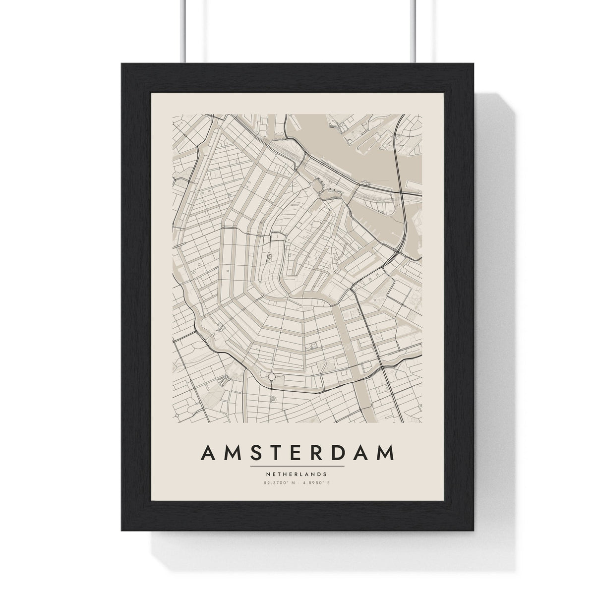 Amsterdam street map poster in cream, minimal city map print framed in a black frame