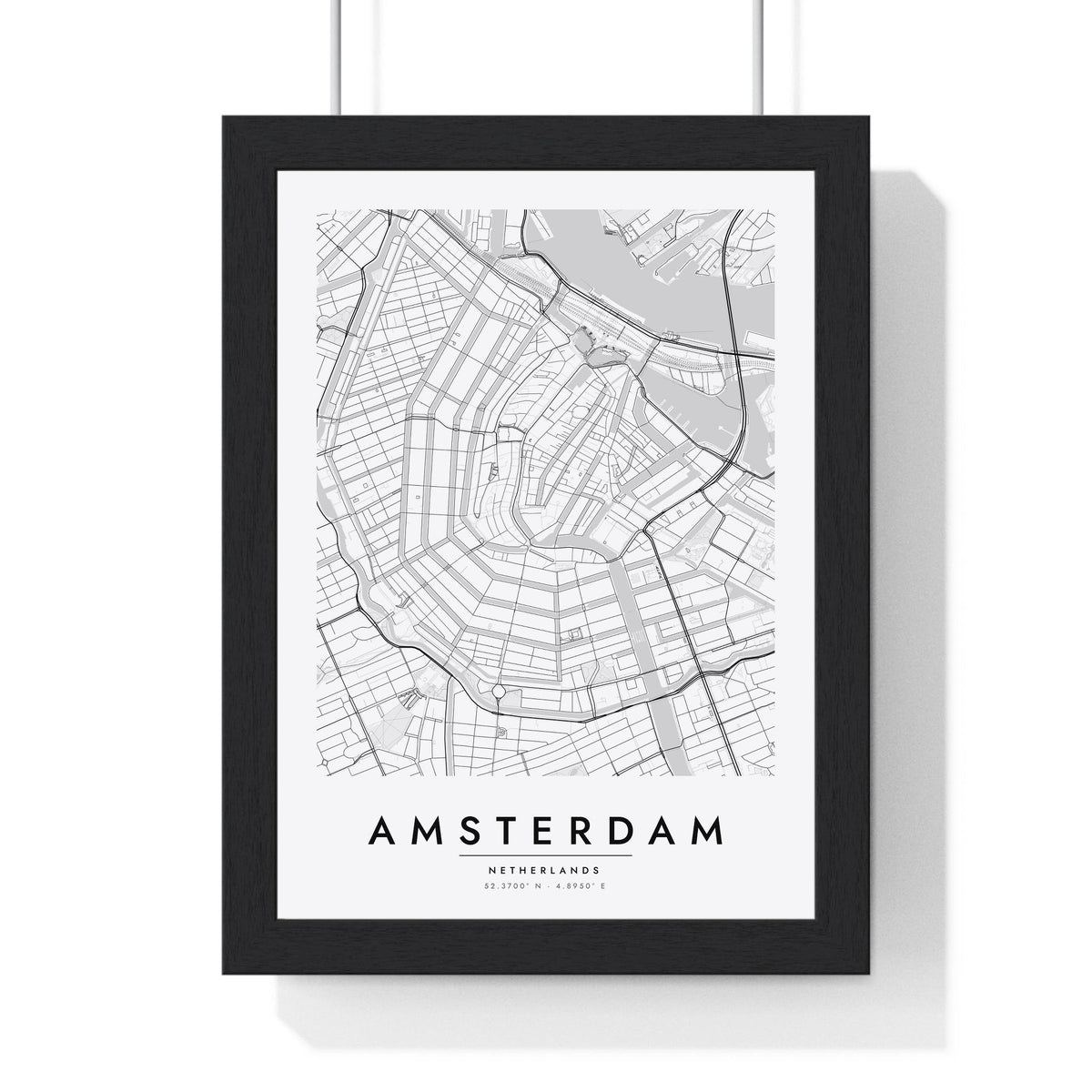 Amsterdam street map poster in white, minimal city map print framed in a black frame