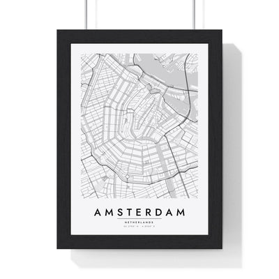 Amsterdam street map poster in white, minimal city map print framed in a black frame
