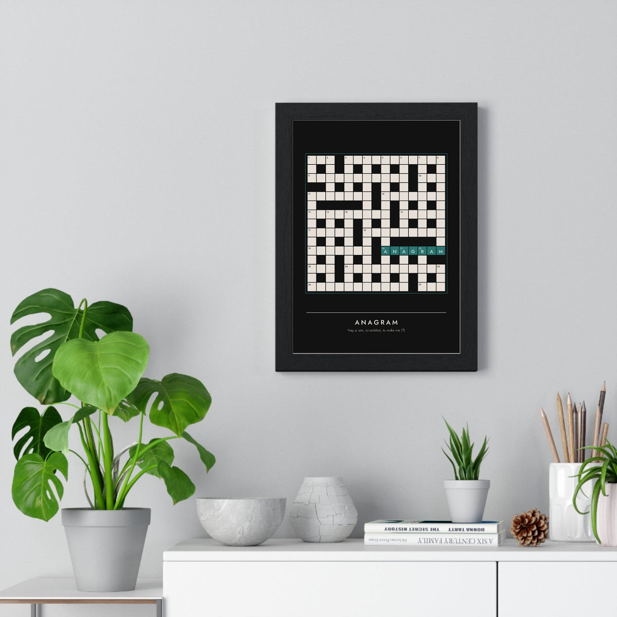 Anagram Crossword print framed on a living room wall