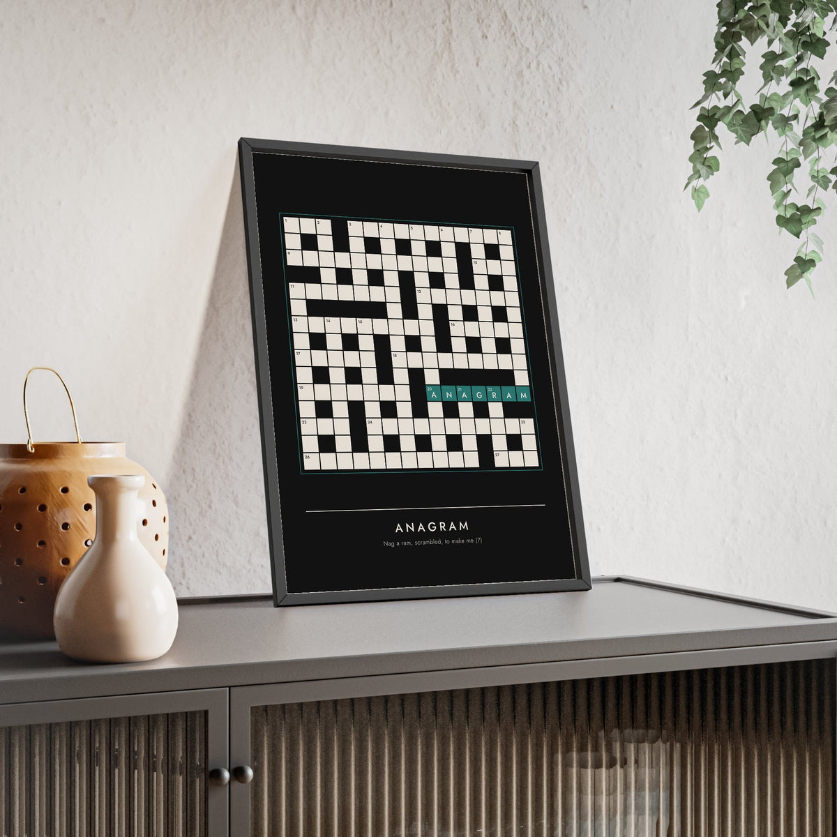 Anagram Crossword print framed and leaning on a sideboard