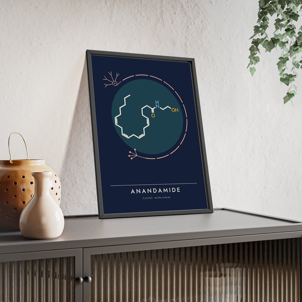 Anandamide Molecule print framed and leaning on a sideboard