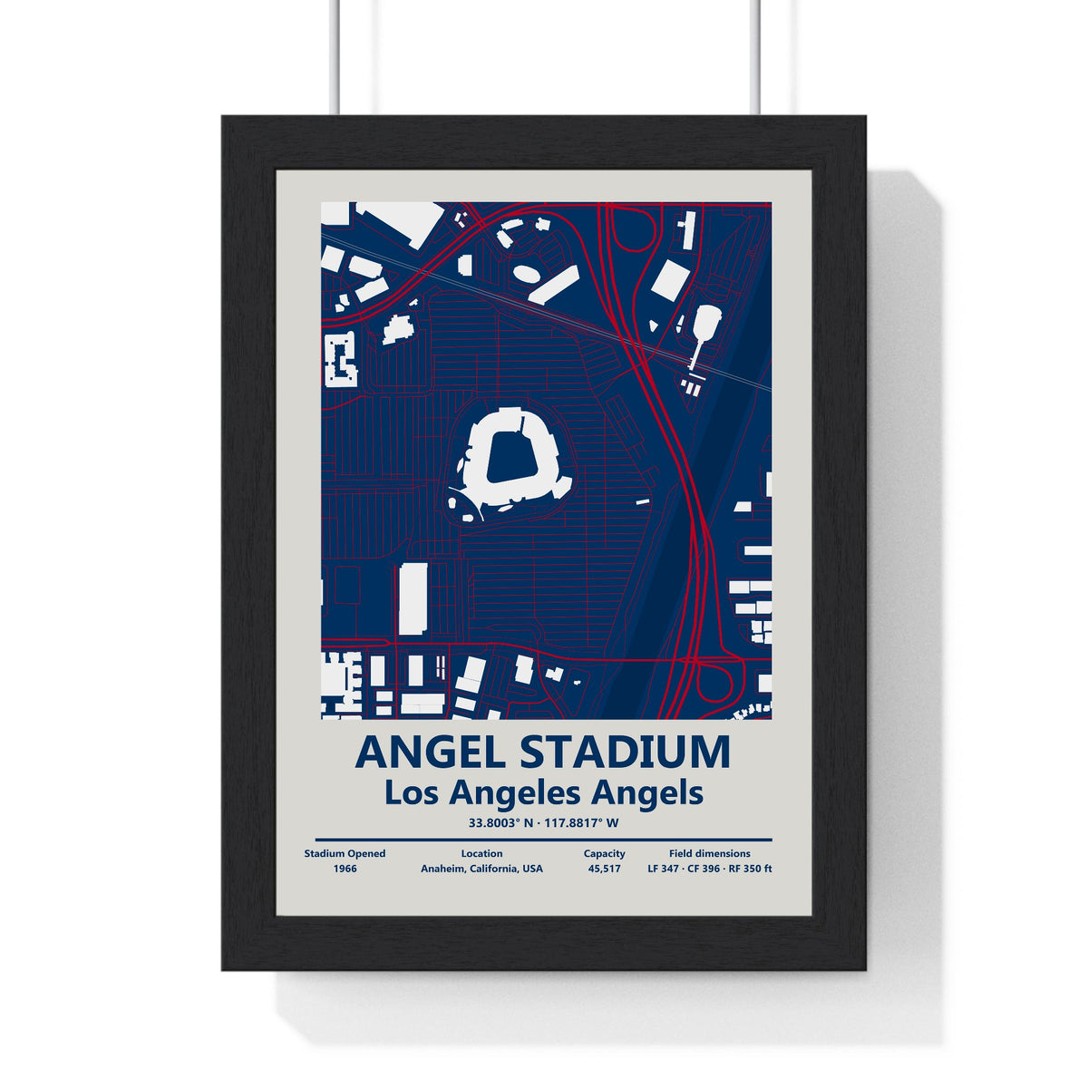 Angel Stadium map print framed in a black frame, ready to hang
