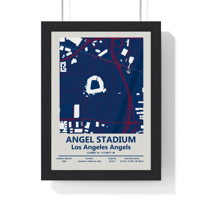 Angel Stadium map print framed in a black frame, ready to hang
