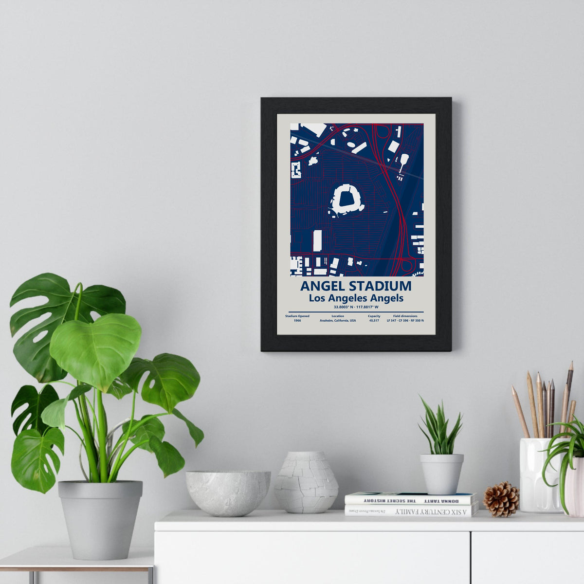 Angel Stadium map print framed on a living room wall