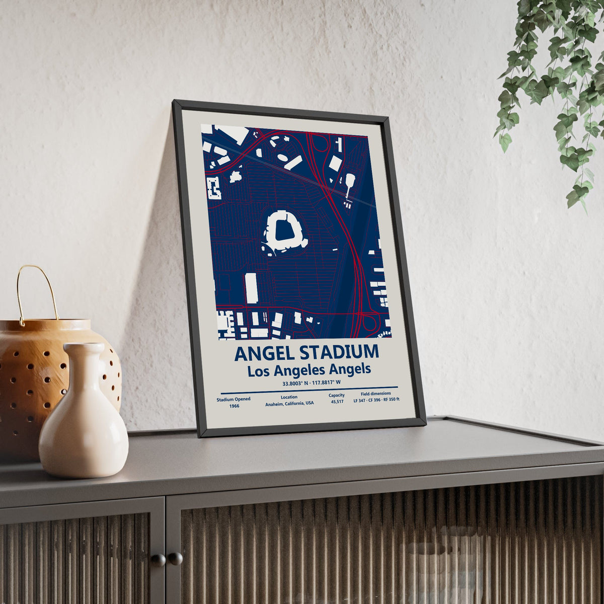 Angel Stadium map print framed and leaning on a sideboard