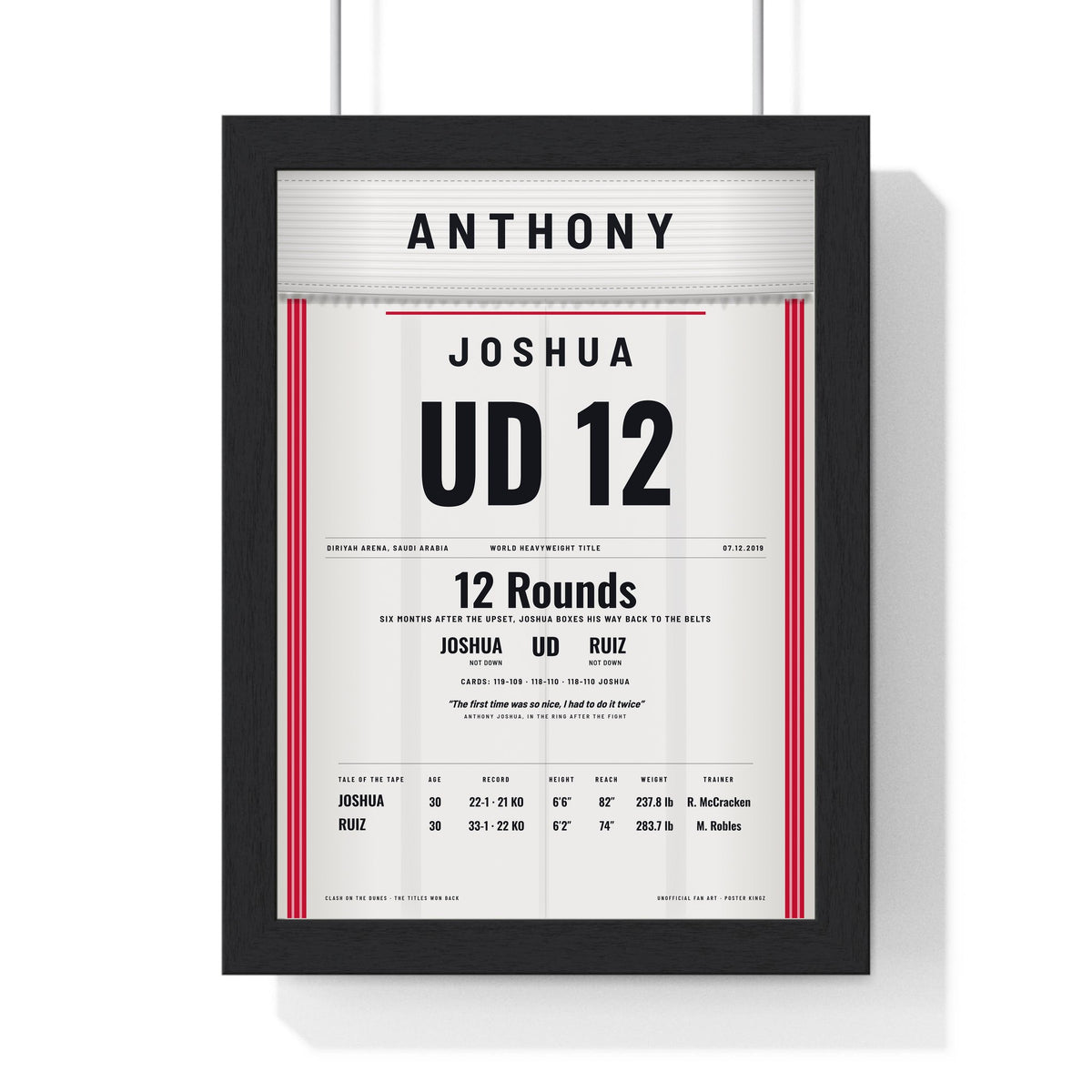 Joshua v Ruiz 2019 Boxing Poster framed in a black frame, ready to hang