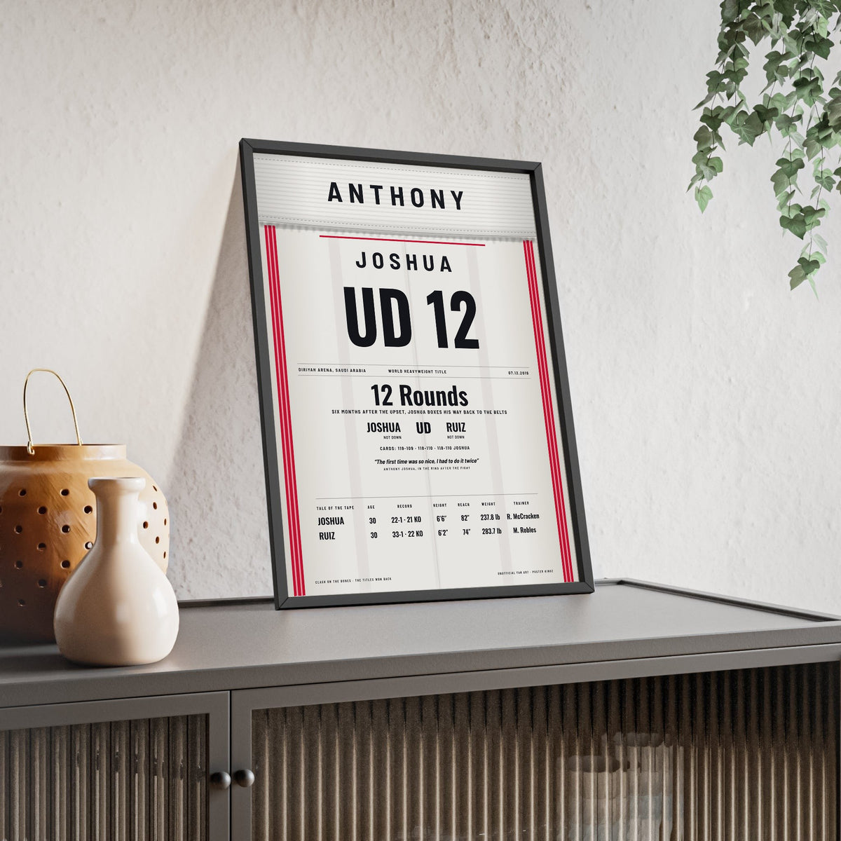 Joshua v Ruiz 2019 Boxing Poster framed and leaning on a sideboard