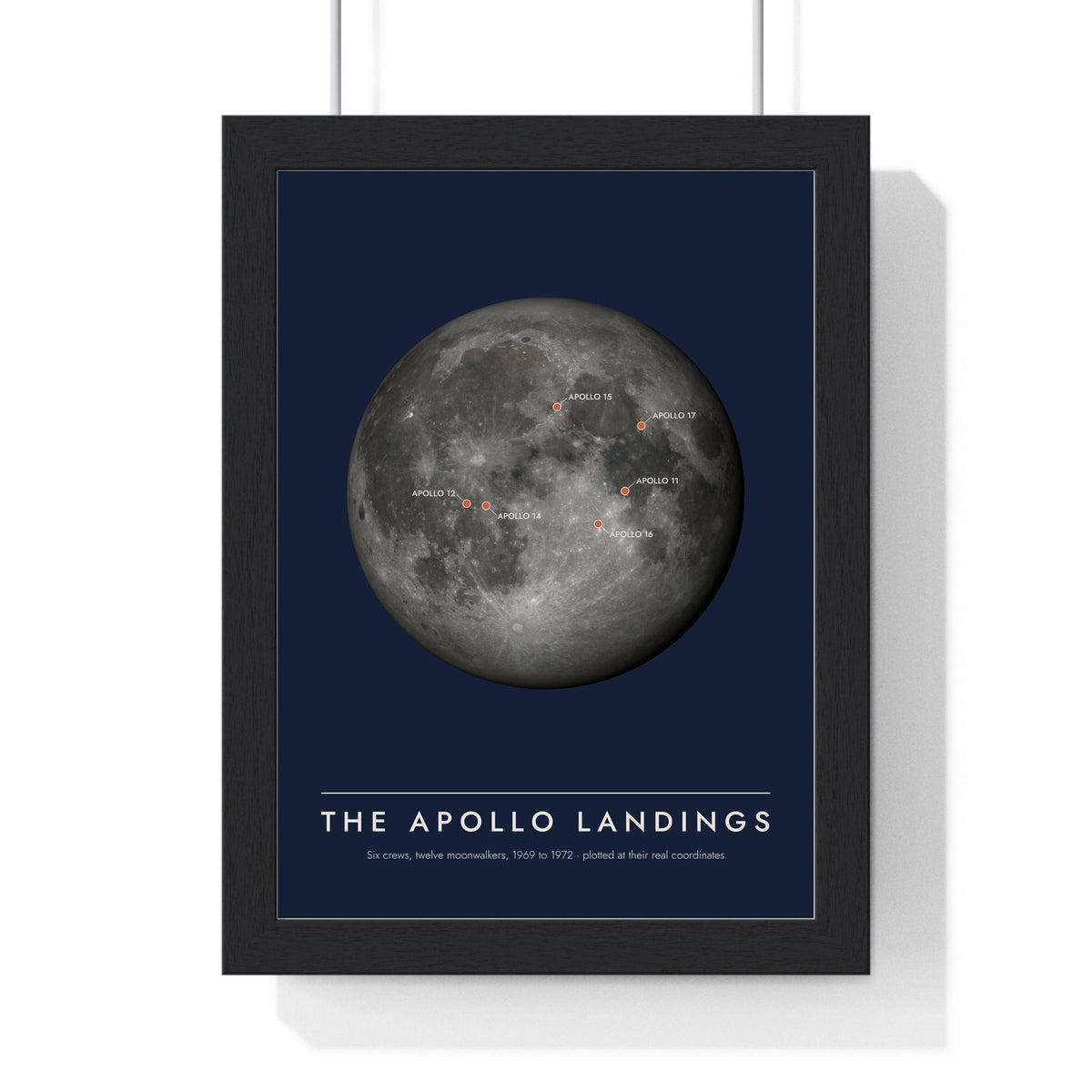 Apollo Moon Landings print framed in a black frame, ready to hang