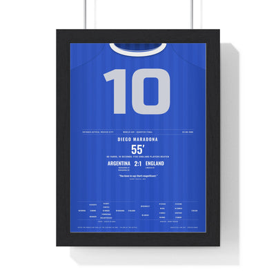 Argentina World Cup 1986 Poster - Diego Maradona 10 Goal of the Century v England Shirt Print framed in a black frame, ready to hang