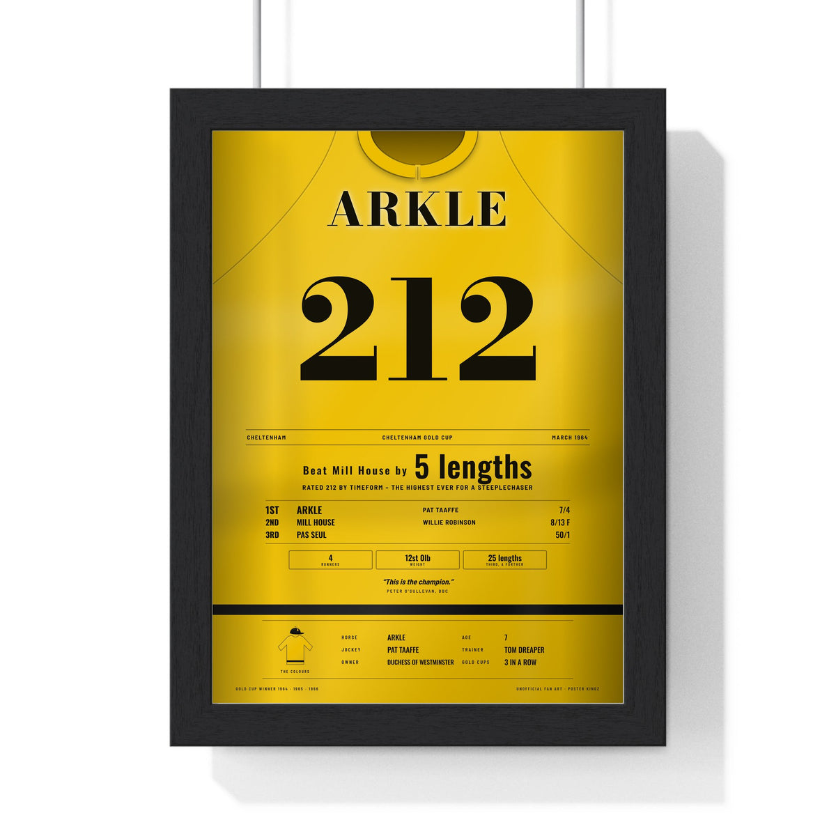 Arkle Cheltenham Gold Cup 1964 Horse Racing Poster - Rated 212 Silks Print framed in a black frame, ready to hang
