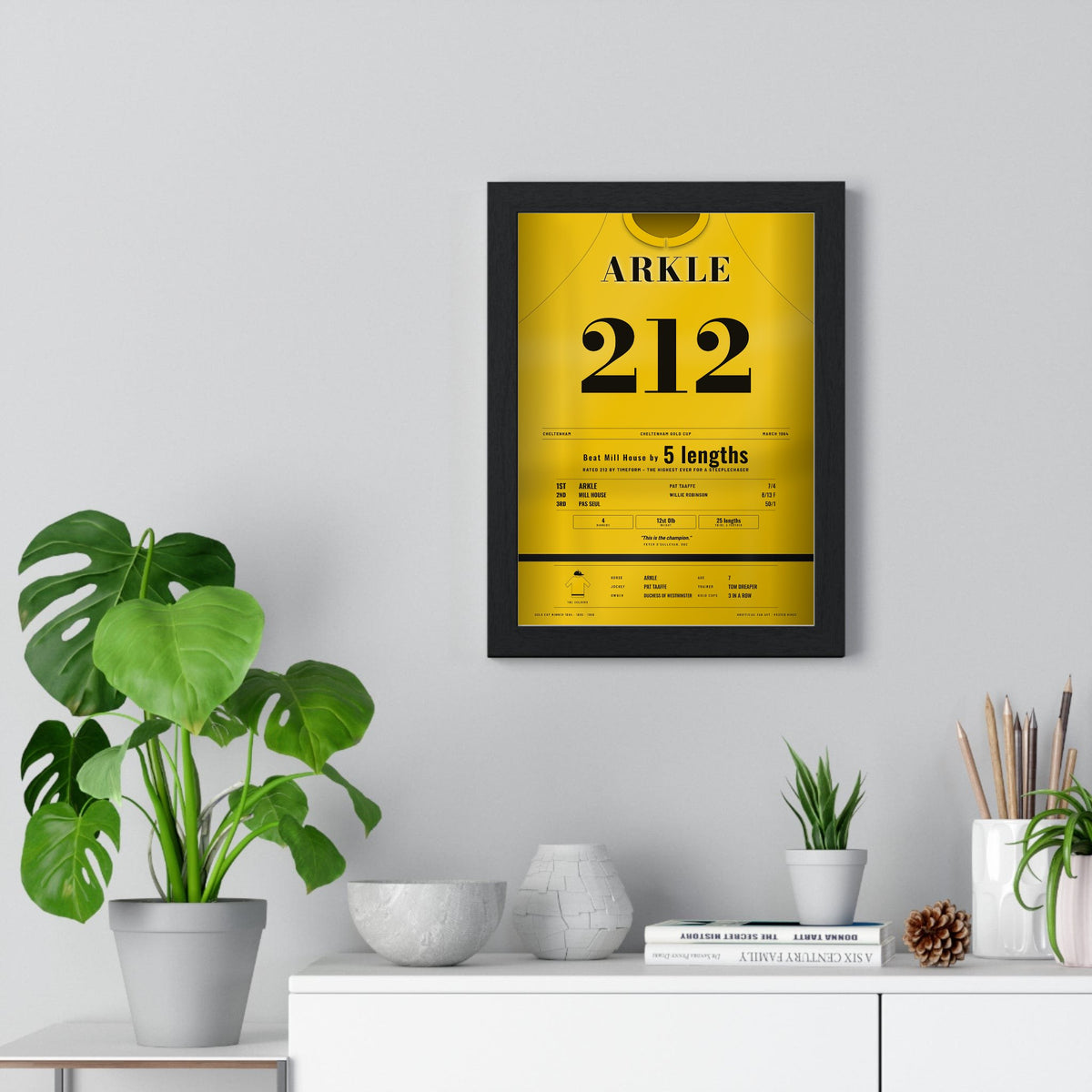 Arkle Cheltenham Gold Cup 1964 Horse Racing Poster - Rated 212 Silks Print framed on a living room wall