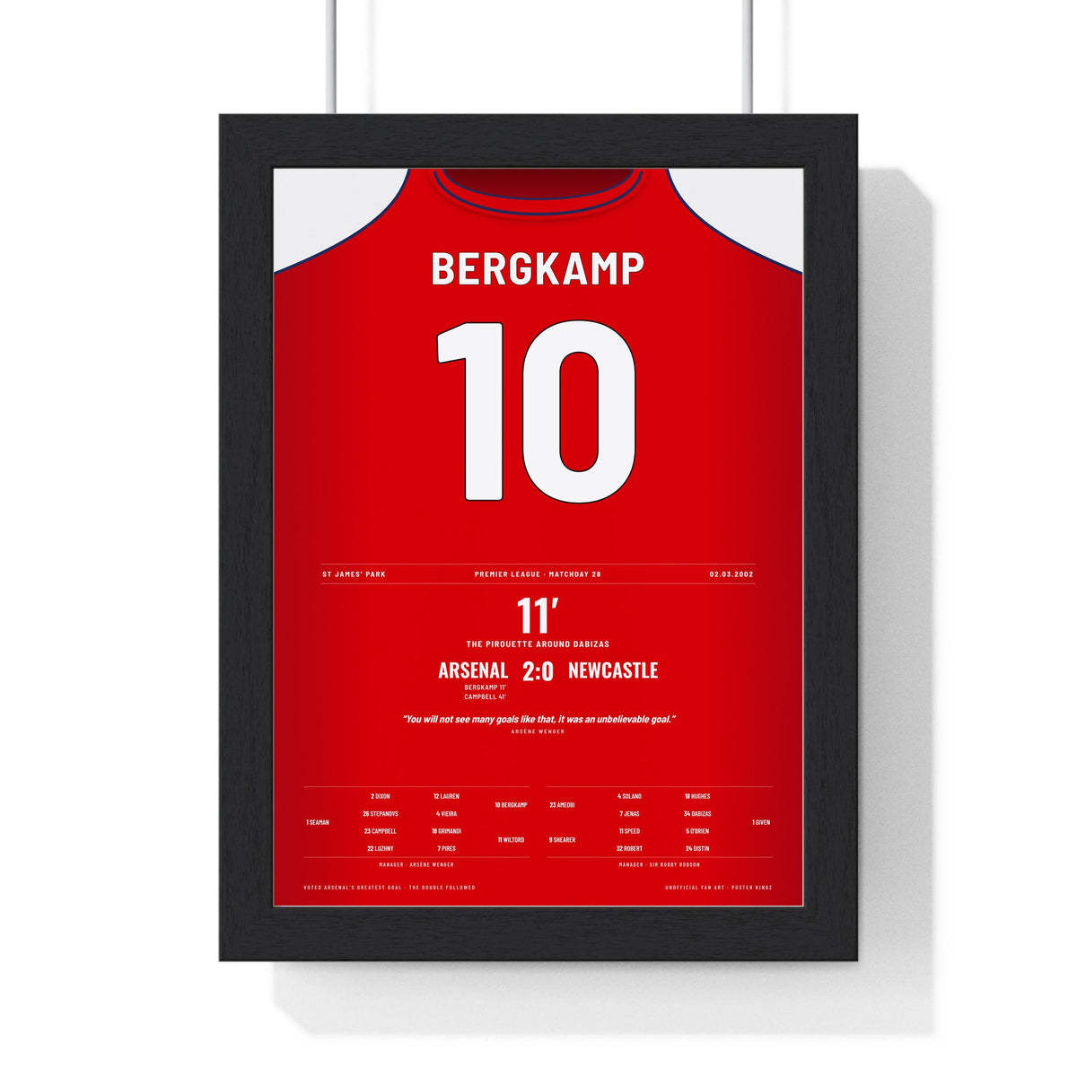 Arsenal Bergkamp Goal 2002 Poster - Bergkamp 10 Pirouette framed in a black frame, ready to hang