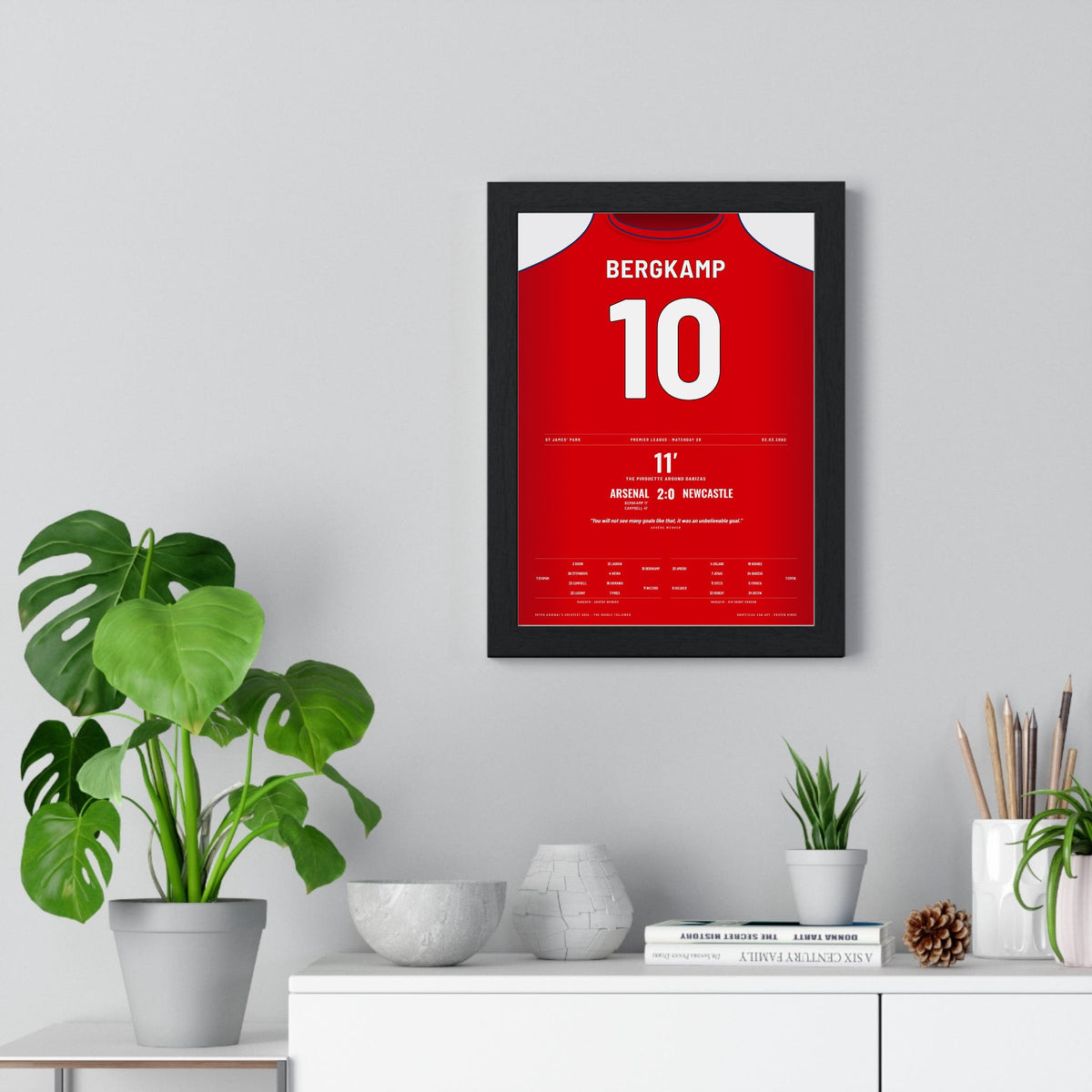 Arsenal Bergkamp Goal 2002 Poster - Bergkamp 10 Pirouette framed on a living room wall