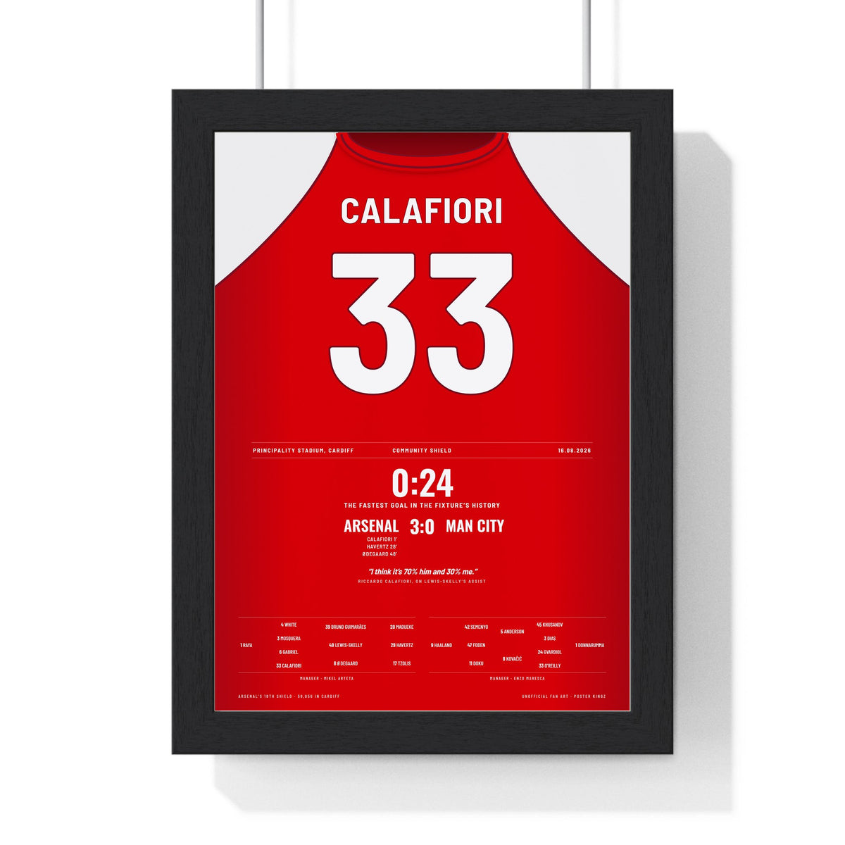 Arsenal Calafiori 33 Poster - 3-0 v Man City 2026 framed in a black frame, ready to hang