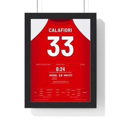 Arsenal Calafiori 33 Poster - 3-0 v Man City 2026 framed in a black frame, ready to hang