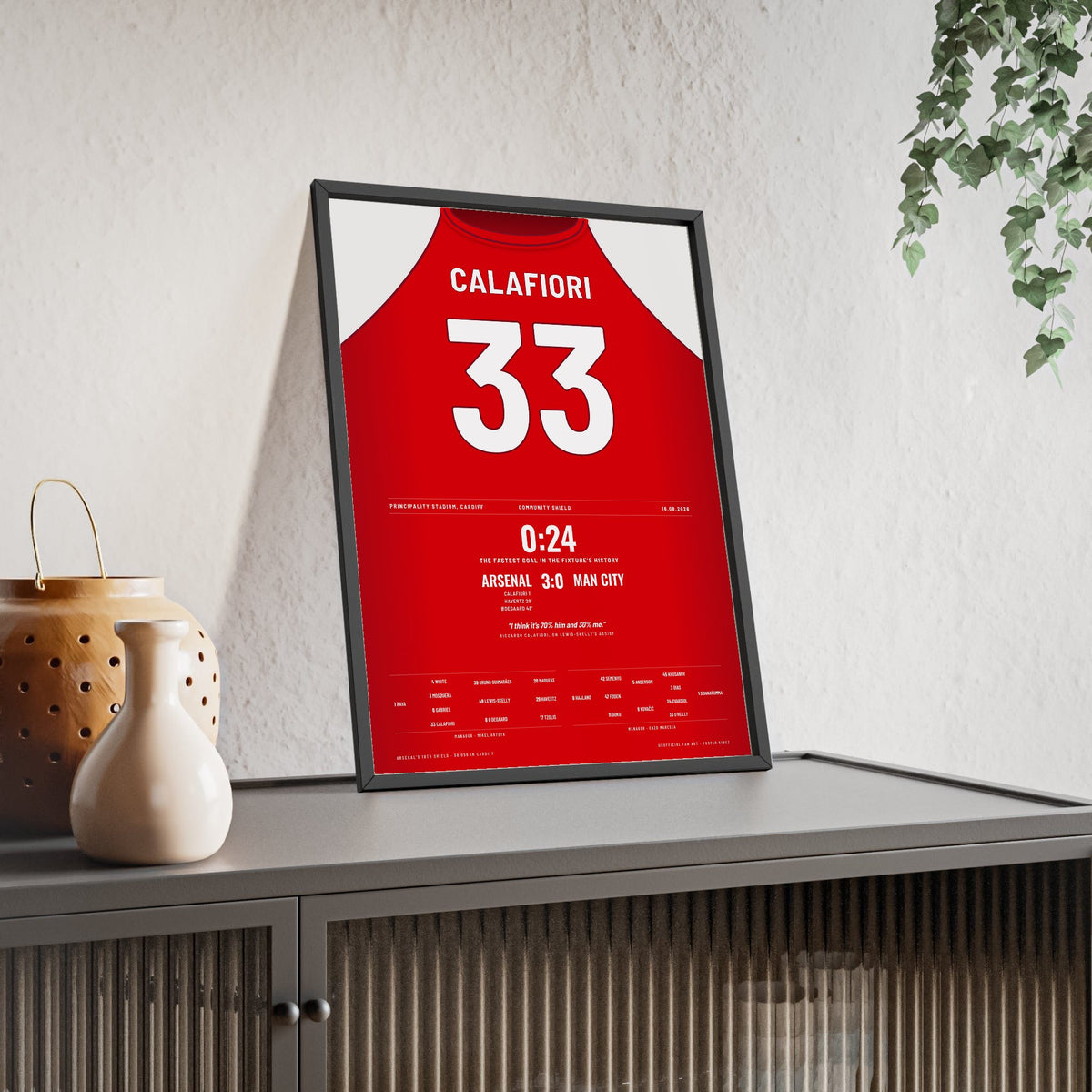 Arsenal Calafiori 33 Poster - 3-0 v Man City 2026 framed and leaning on a sideboard