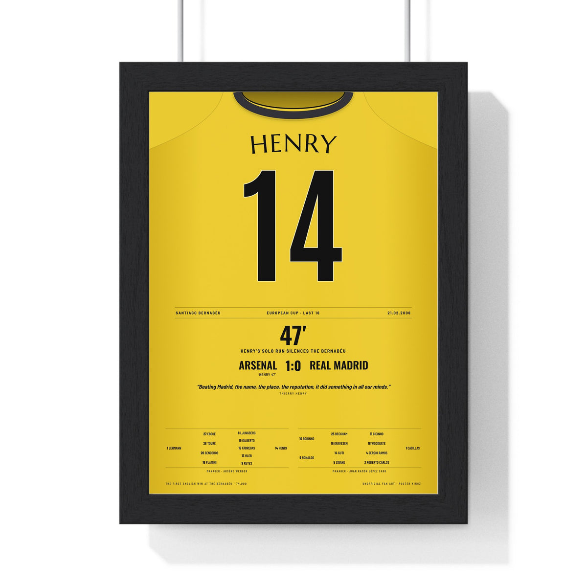 Arsenal Champions League 2006 Poster - Thierry Henry 14 Bernabeu Winner Print framed in a black frame, ready to hang