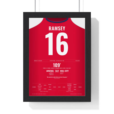 Arsenal FA Cup Final 2014 Poster - Aaron Ramsey 16 Wembley Winner Print framed in a black frame, ready to hang