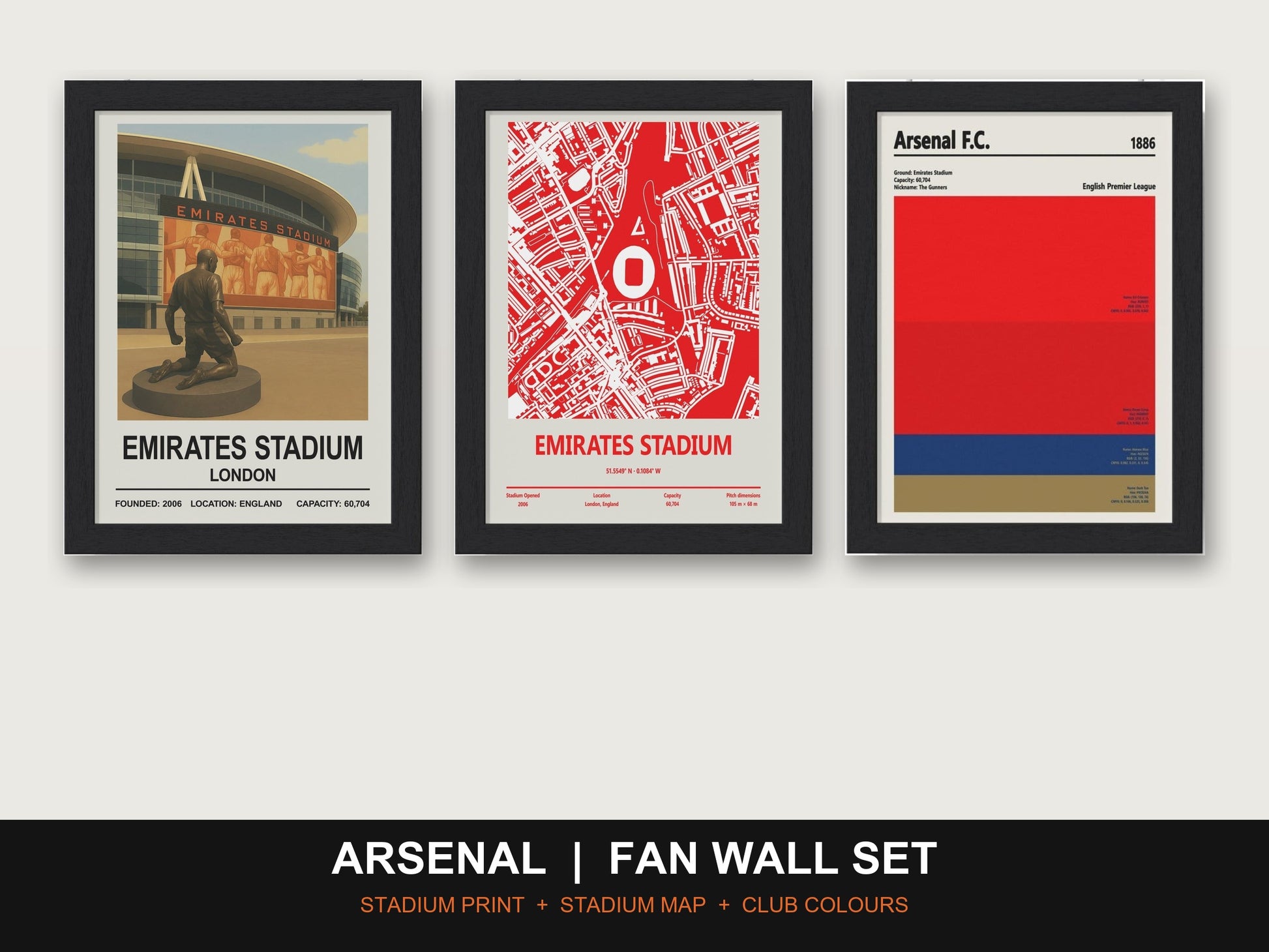 Arsenal Fan Wall Set | Emirates Stadium Print, Stadium Map & Club Colours