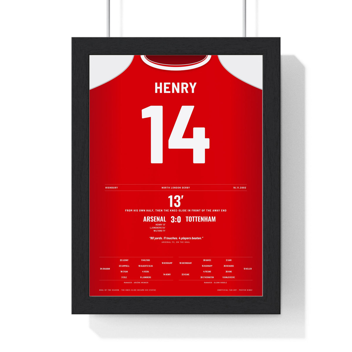 Arsenal Henry Goal v Spurs 2002 Poster - Henry 14 Knee Slide framed in a black frame, ready to hang