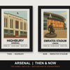 Arsenal Then & Now Stadium Set | Highbury + Emirates Stadium Prints - framed prints shown together as a set
