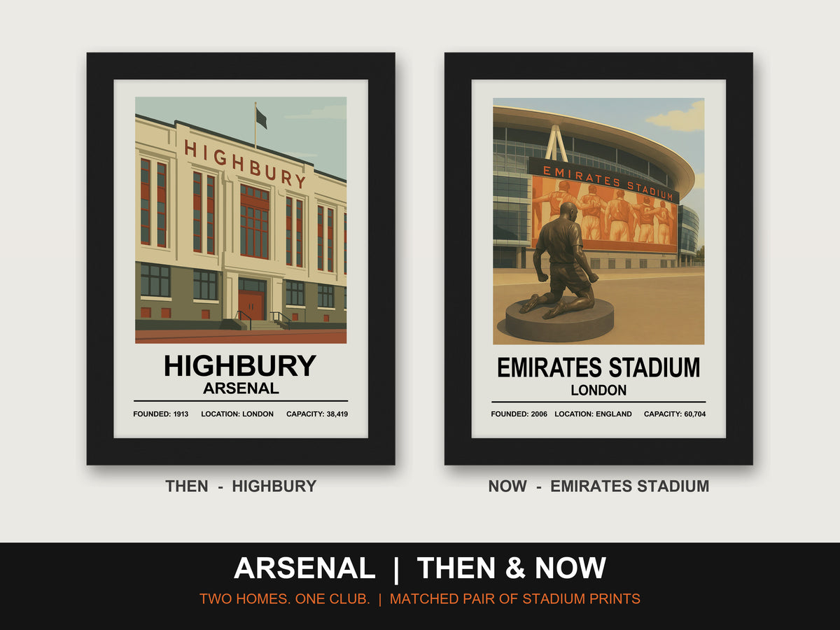 Arsenal Then & Now Stadium Set | Highbury + Emirates Stadium Prints - framed prints shown together as a set