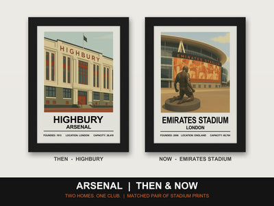 Arsenal Then & Now Stadium Set | Highbury + Emirates Stadium Prints - framed prints shown together as a set