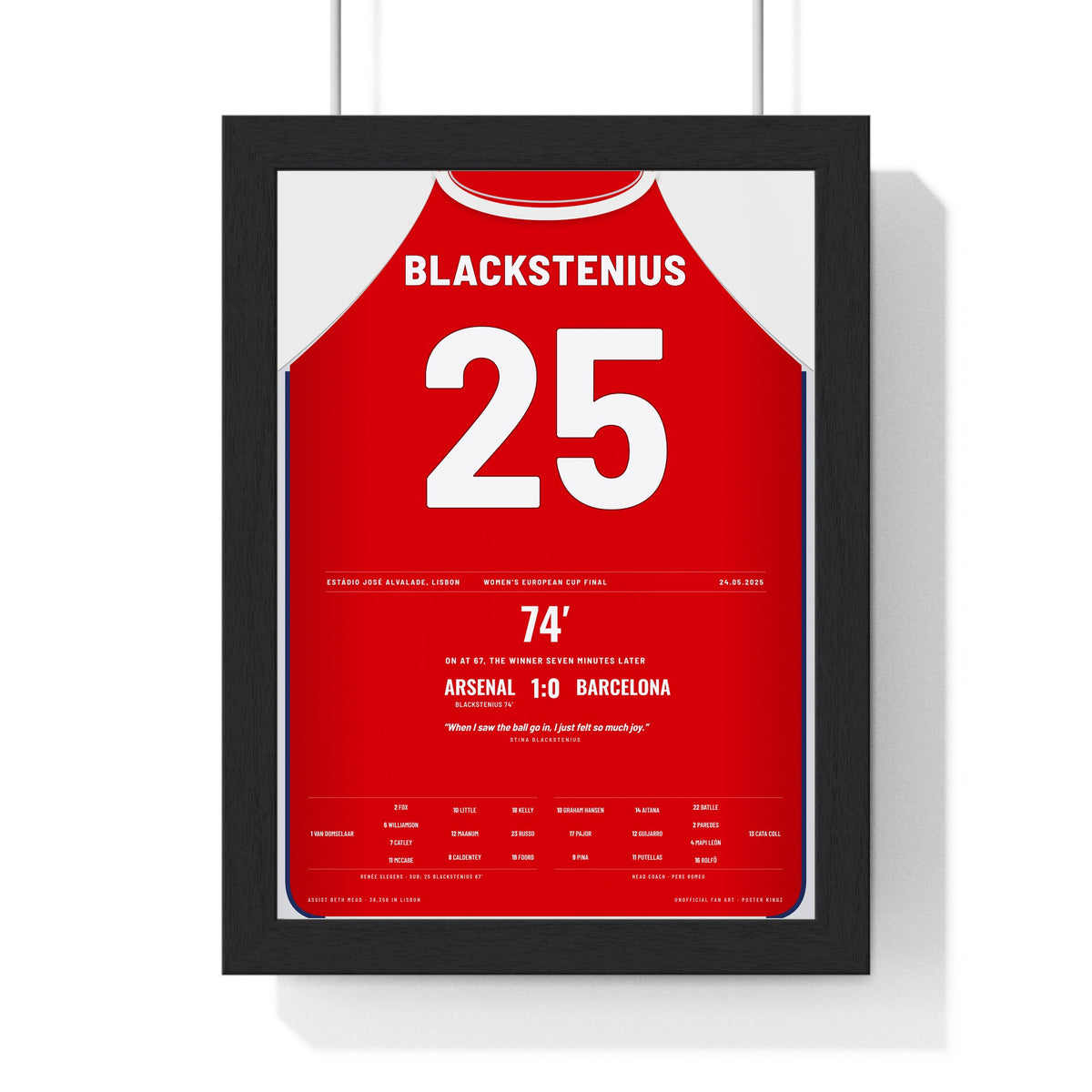 Arsenal Women Champions League Final 2025 Poster - Stina Blackstenius 25 Print framed in a black frame, ready to hang