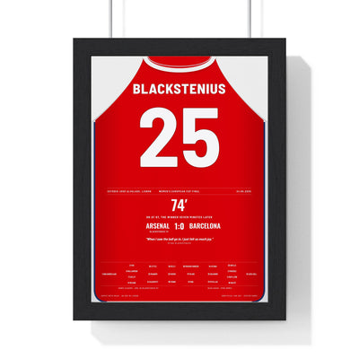 Arsenal Women Champions League Final 2025 Poster - Stina Blackstenius 25 Print framed in a black frame, ready to hang