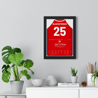 Arsenal Women Champions League Final 2025 Poster - Stina Blackstenius 25 Print framed on a living room wall