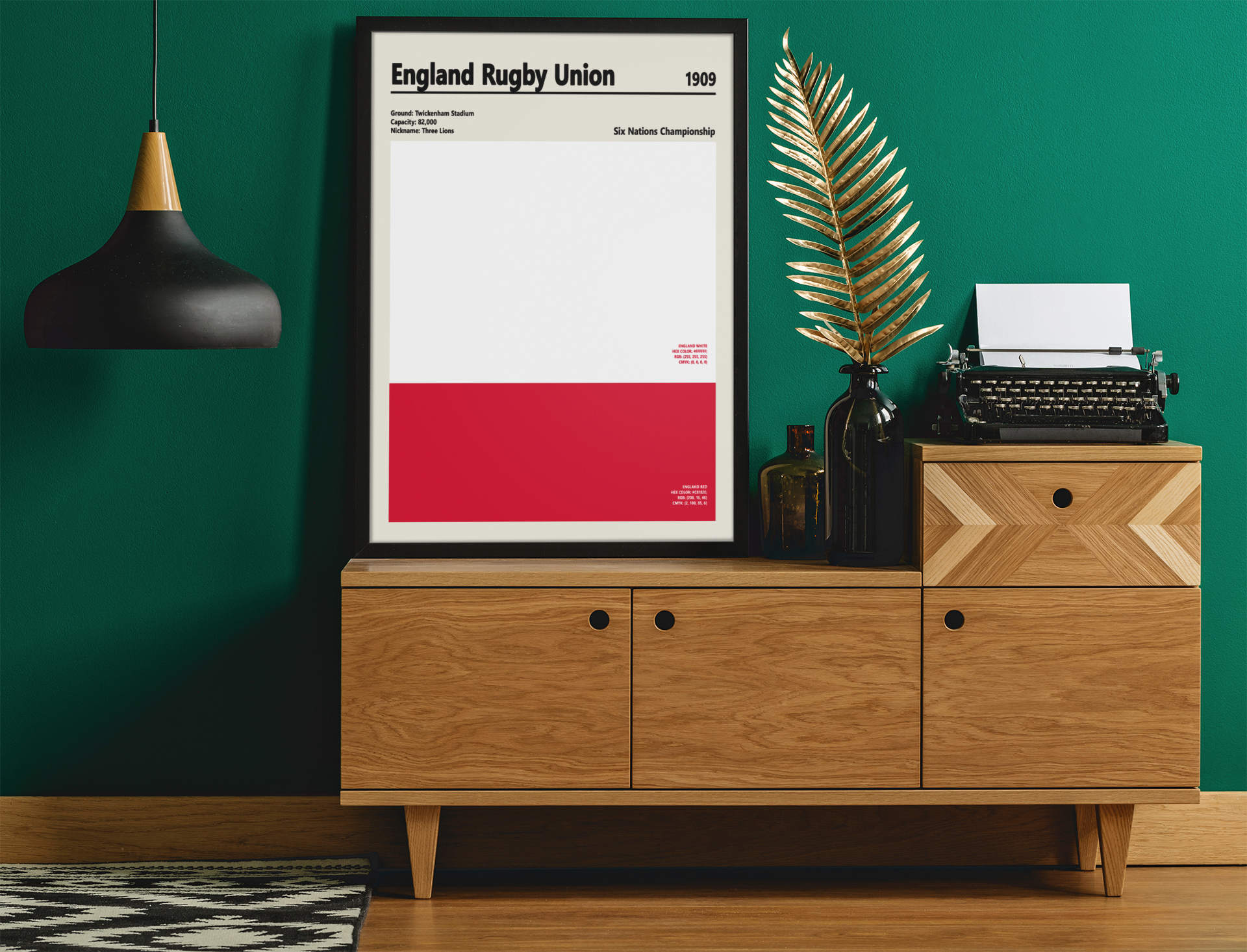 Framed England Rugby Union poster on a wooden sideboard with decorative elements.
