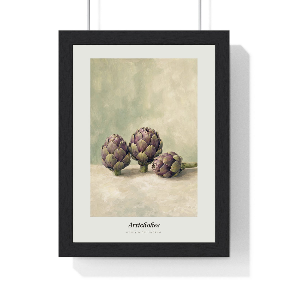 Artichokes Print framed in a black frame, ready to hang