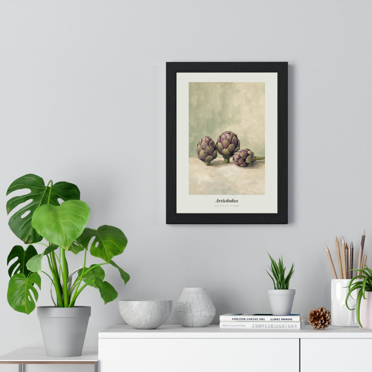 Artichokes Print framed on a living room wall