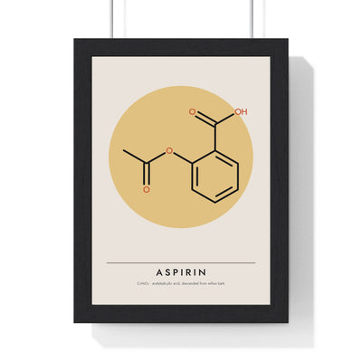 Aspirin Molecule print framed in a black frame, ready to hang