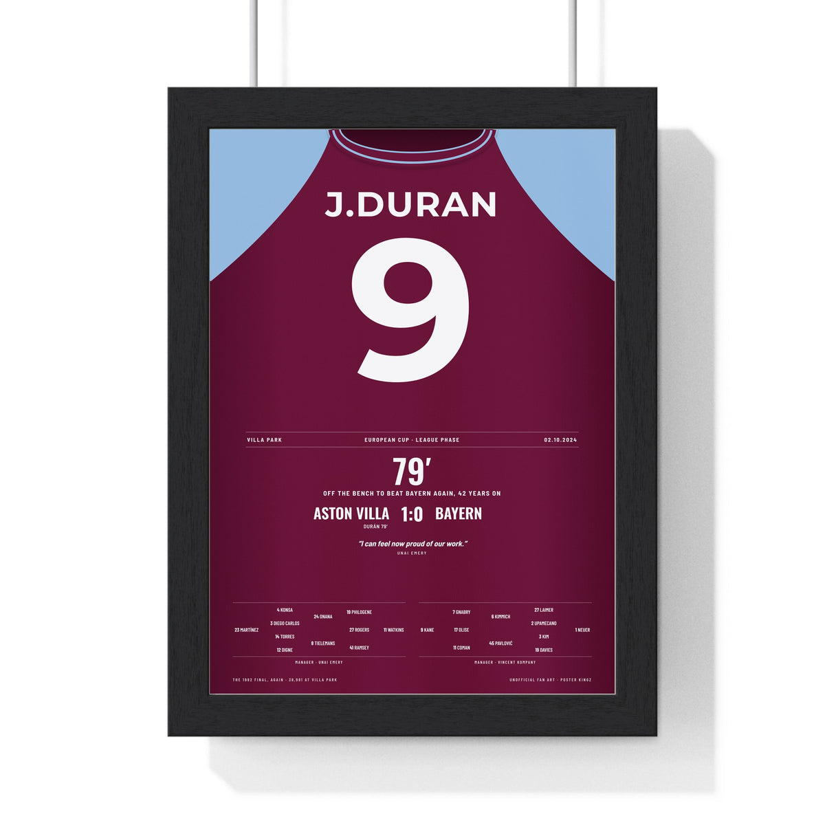 Aston Villa 1-0 Bayern Champions League 2024 Poster - Durán 9 Villa Park framed in a black frame, ready to hang