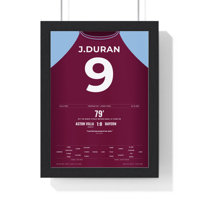 Aston Villa 1-0 Bayern Champions League 2024 Poster - Durán 9 Villa Park framed in a black frame, ready to hang