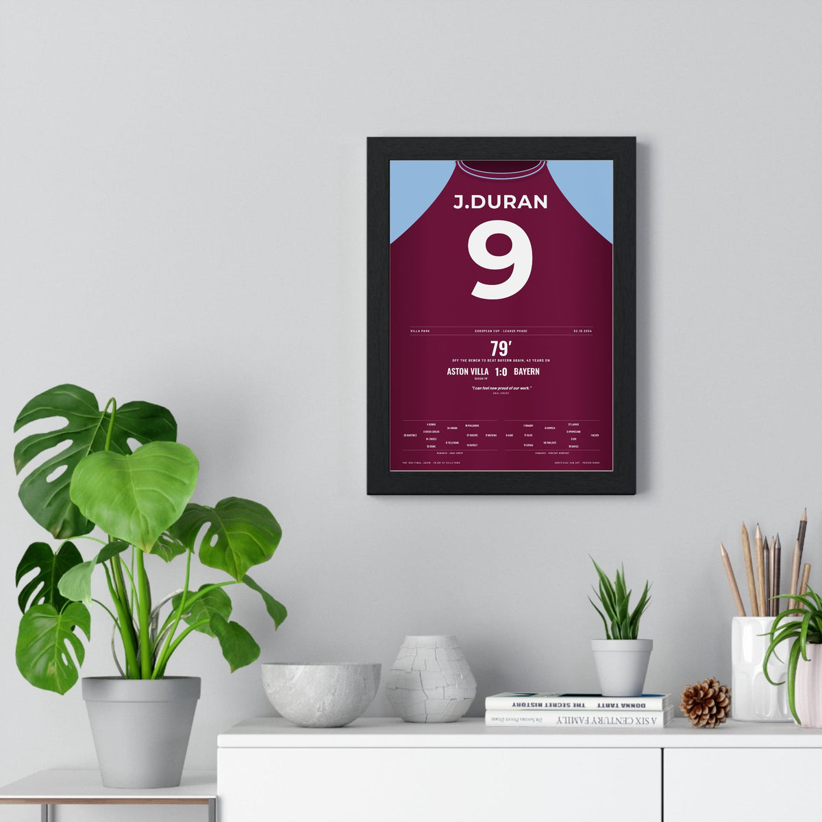 Aston Villa 1-0 Bayern Champions League 2024 Poster - Durán 9 Villa Park framed on a living room wall