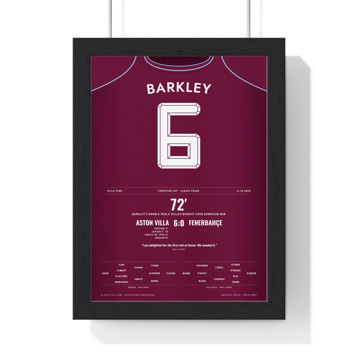 Aston Villa 6-0 Fenerbahce Champions League 2026 Poster - Ross Barkley 6 Shirt Print framed in a black frame, ready to hang