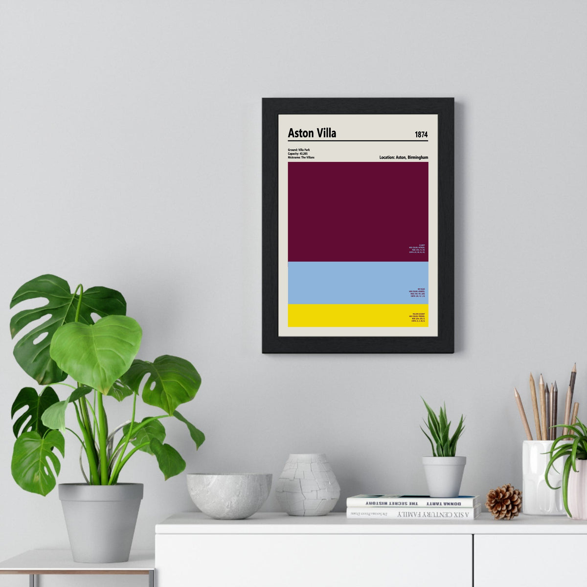 Aston Villa Colour Swatch Print framed on a living room wall