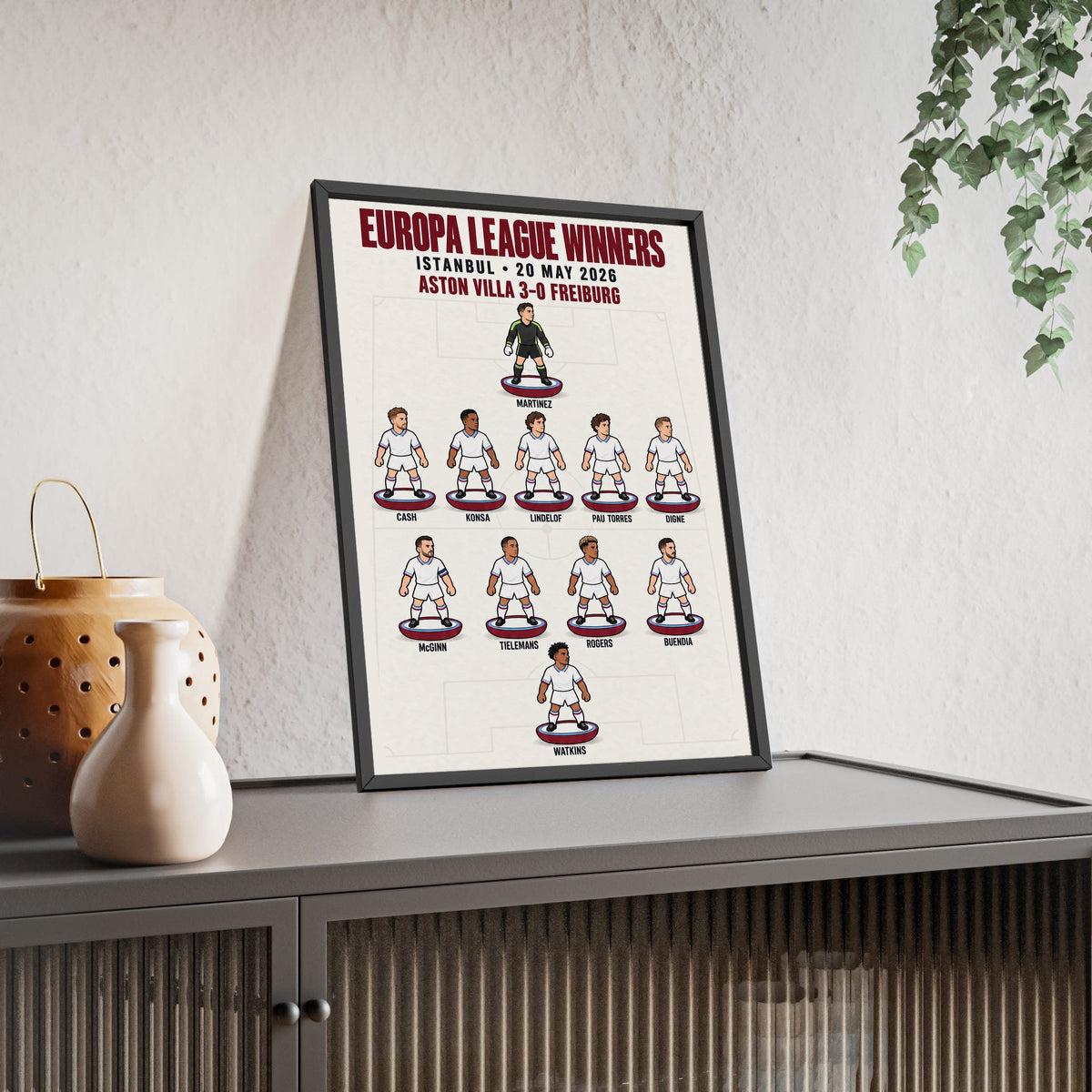 Aston Villa Europa League 2026 XI framed print leaning on a sideboard