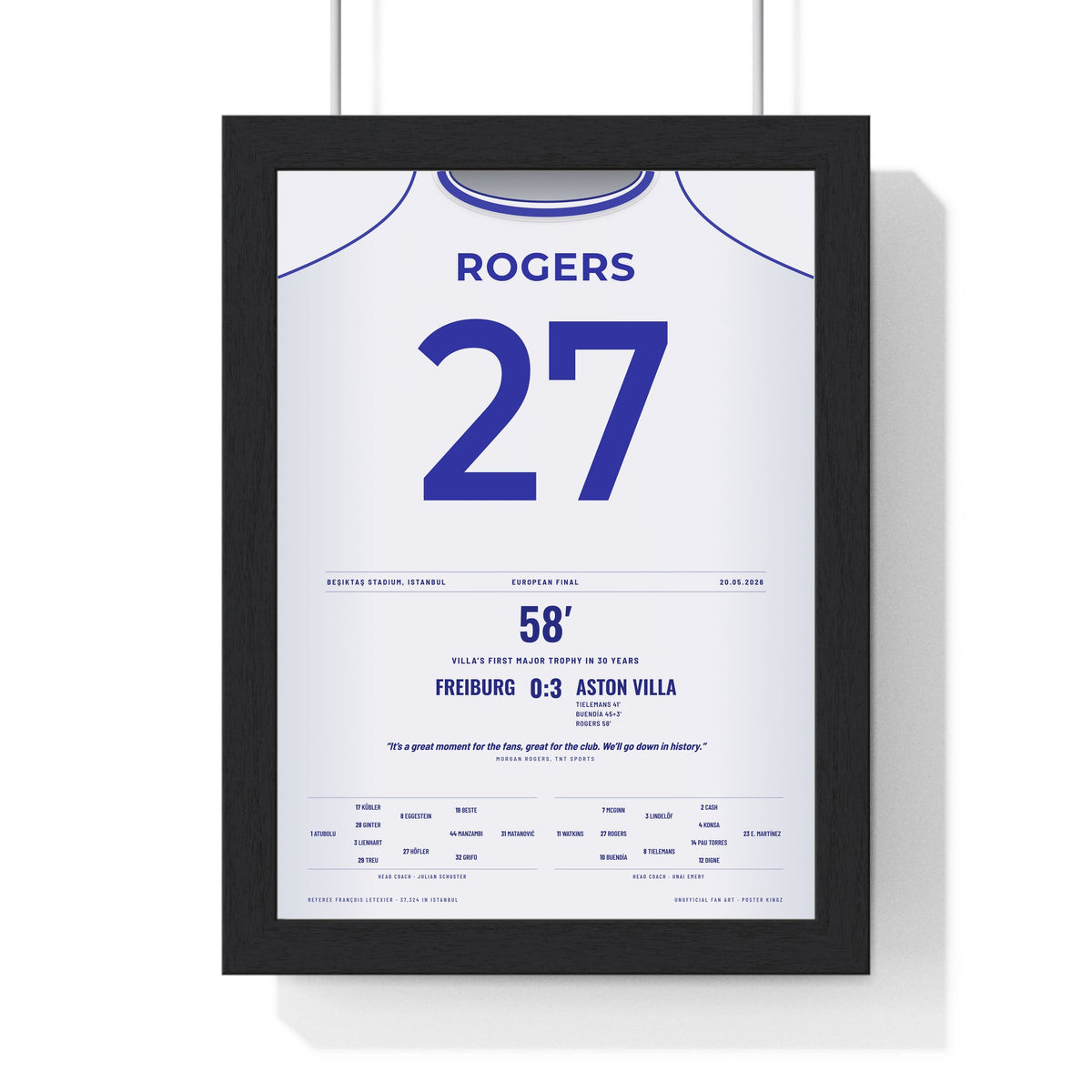 Aston Villa Europa League Final 2026 Poster - Morgan Rogers 27 Shirt Print framed in a black frame, ready to hang