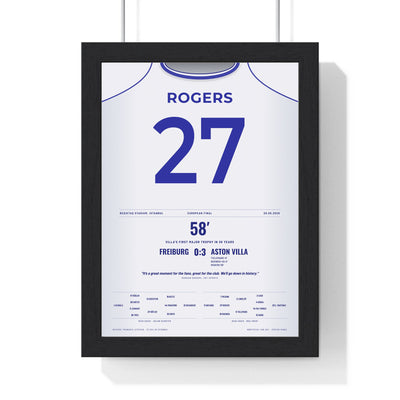Aston Villa Europa League Final 2026 Poster - Morgan Rogers 27 Shirt Print framed in a black frame, ready to hang