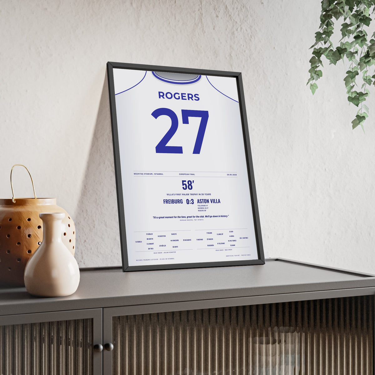 Aston Villa Europa League Final 2026 Poster - Morgan Rogers 27 Shirt Print framed and leaning on a sideboard
