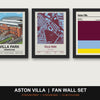 Aston Villa Fan Wall Set | Villa Park Print, Stadium Map & Club Colours - framed prints shown together as a set