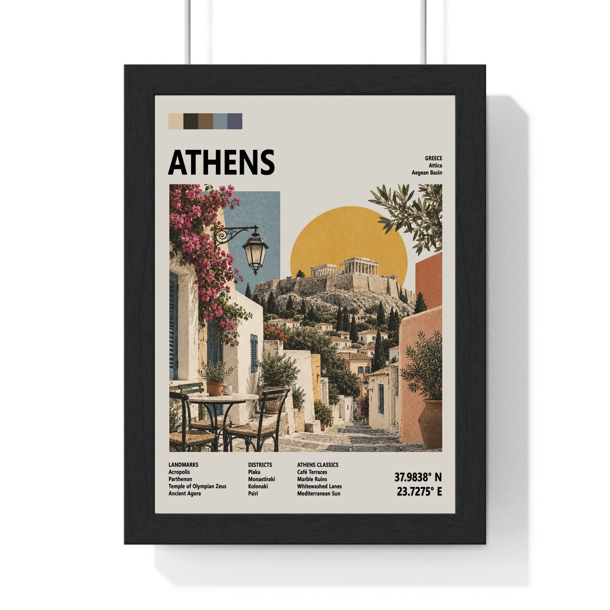 Athens Mid Century Travel print framed in a black frame, ready to hang