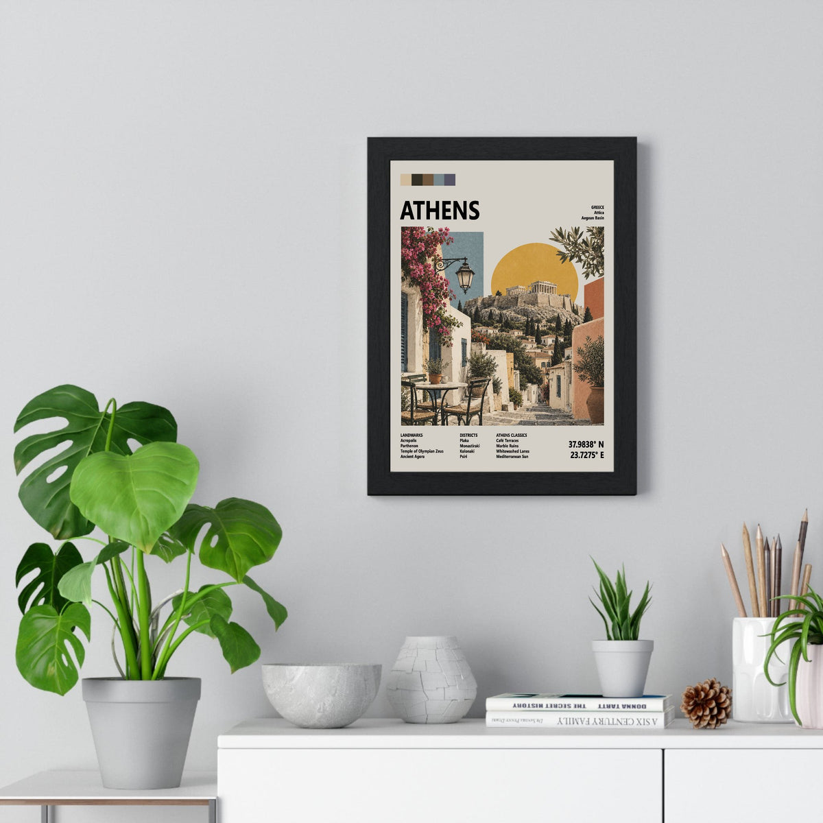 Athens Mid Century Travel print framed on a living room wall