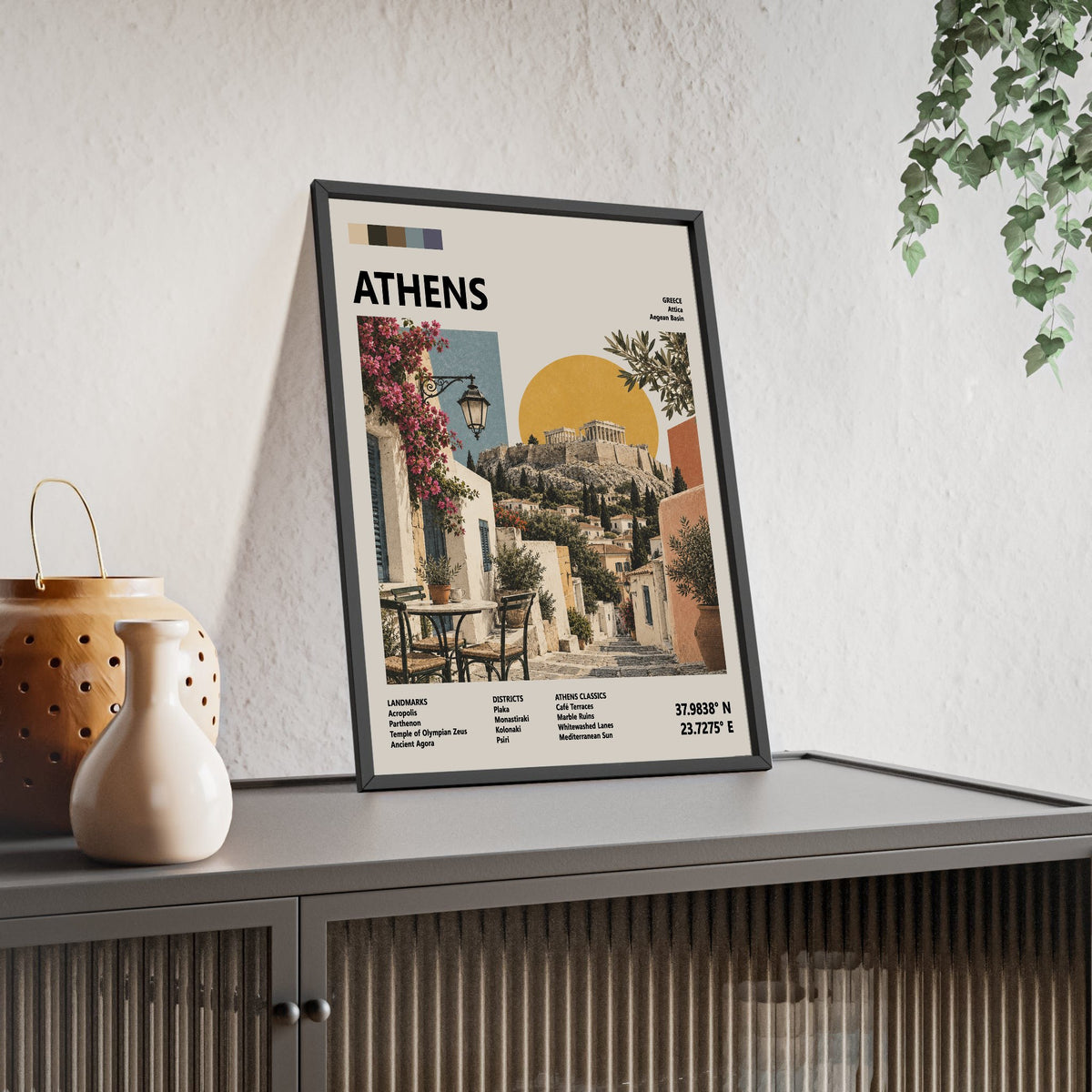 Athens Mid Century Travel print framed and leaning on a sideboard