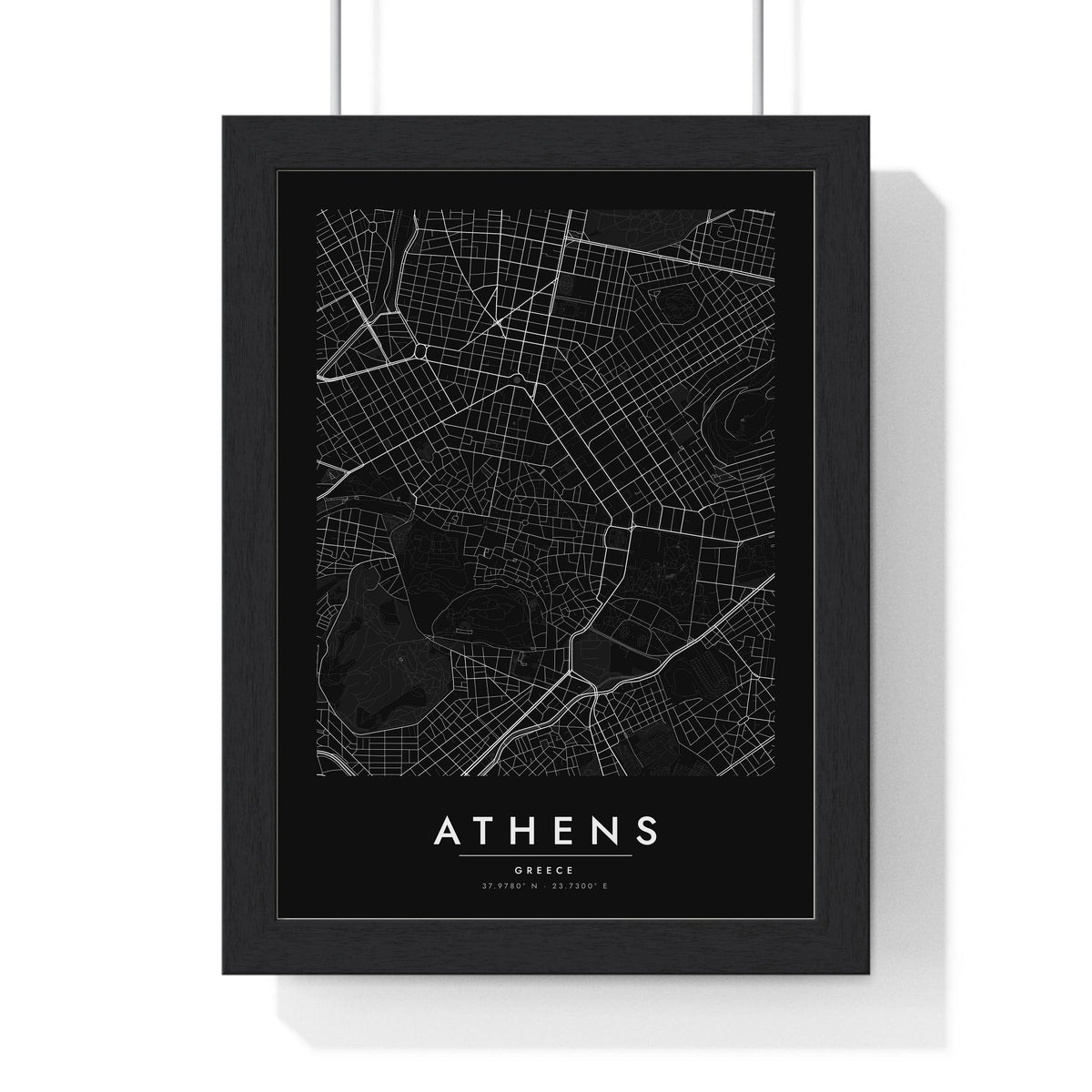 Athens street map poster in black, minimal city map print framed in a black frame